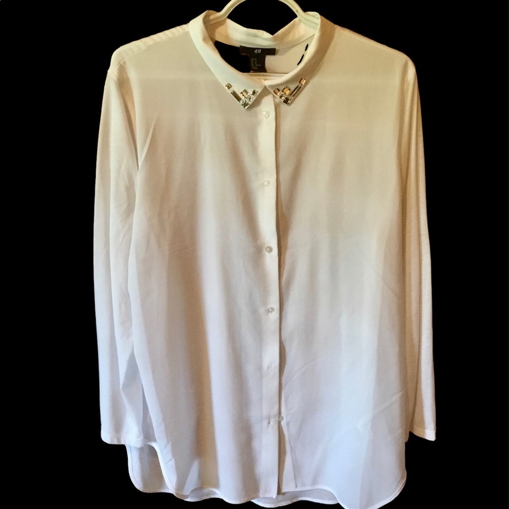 H&M White Jeweled Neck Blouse